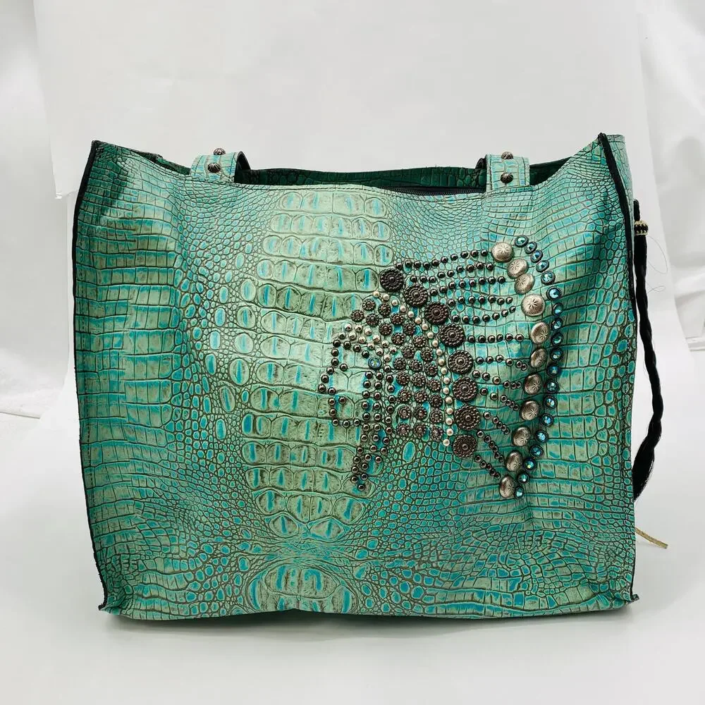 Arohoe turquoise crocodile leather studded southwestern tote bag